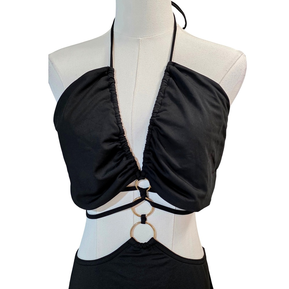 Marthea Black Halter Neck Cutout Midi Dress Sexy Slit Size XL - Picture 6 of 10
